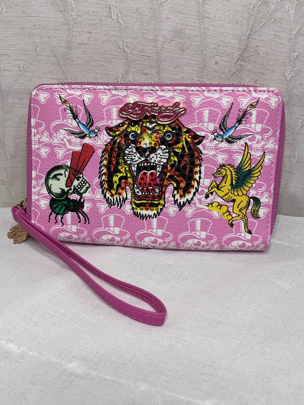 Ed Hardy Pink Rhinestone Tiger Wristlet Wallet Vegan Skull Y2K